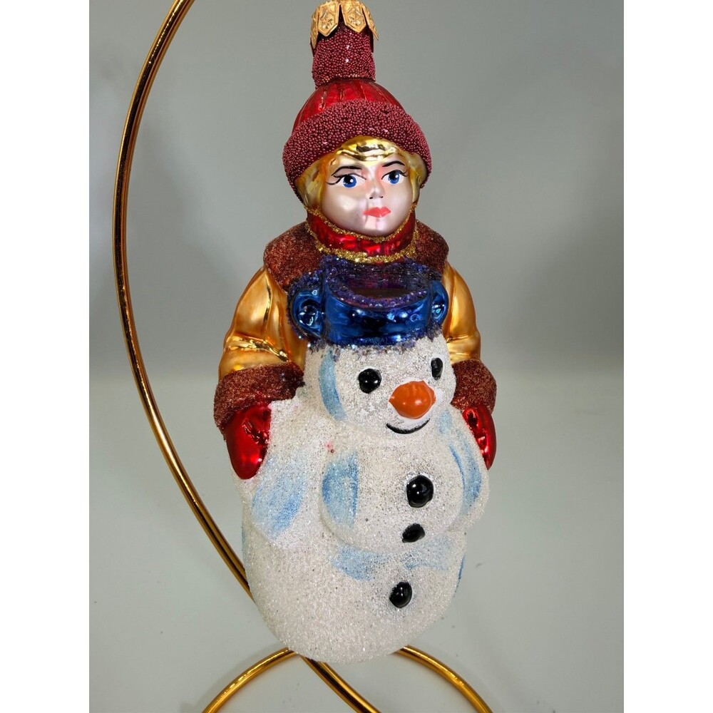 Radko Style Christmas Ornament Child Holding Snowman Red Hat Glitter Beads